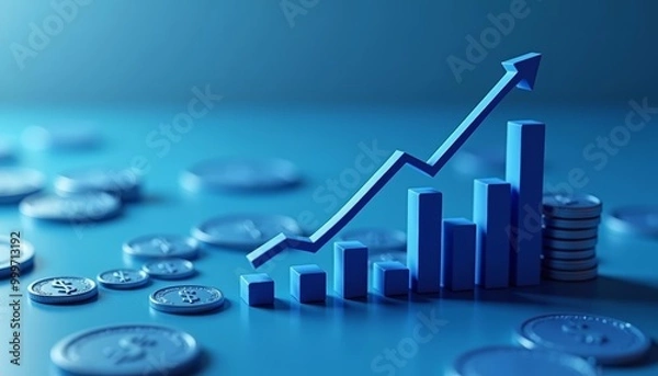 Obraz  Economic growth symbolized by ascending blue bars and coins