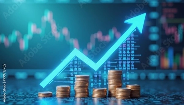 Fototapeta  Prosperity on the rise  Financial growth symbolized by a stack of coins and a rising arrow