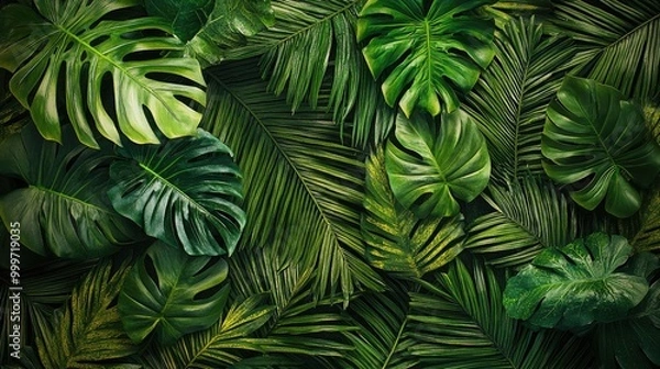 Fototapeta A vibrant display of green leaves with detailed natural patterns forms an abstract tropical backdrop, filled with tranquility and lush beauty