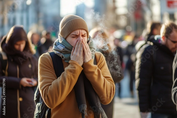 Fototapeta Crowds in the City Street During a Chilly Day as a Person Coughs, Potentially Spreading Illness Amid the Ongoing Covid-19 Pandemic