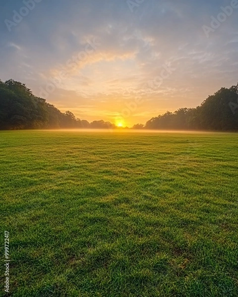 Fototapeta A scenic view of a field at sunrise with fog and a beautiful golden sky.
