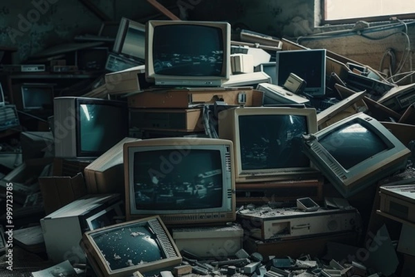 Fototapeta A pile of vintage televisions stacked on top of each other, with nostalgic appeal for retro technology enthusiasts