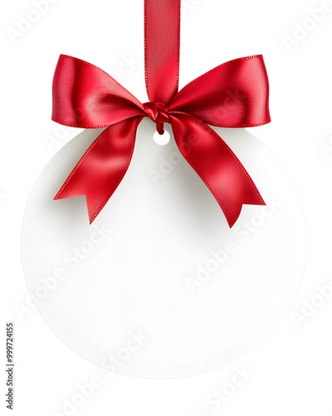 Fototapeta Blank white paper round christmas ball frame tag label card template hanging with shiny red ribbon and bow, transparent background
