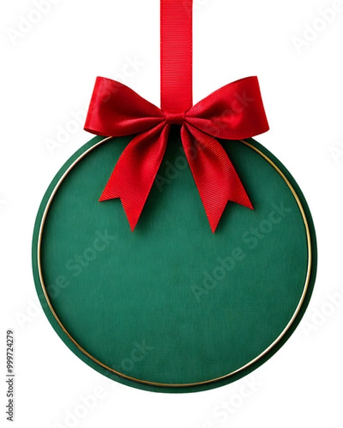 Fototapeta Blank green paper round Christmas ball frame tag label card template hanging with shiny red ribbon and bow, transparent background