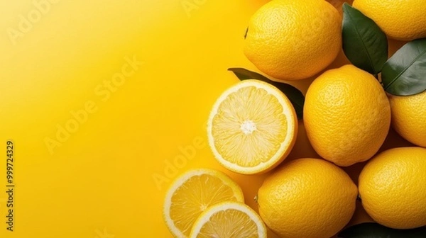 Fototapeta A collection of ripe whole and halved lemons is artfully displayed against a lively yellow backdrop, emphasizing their bright, citrusy appeal and freshness in a commercial setting.