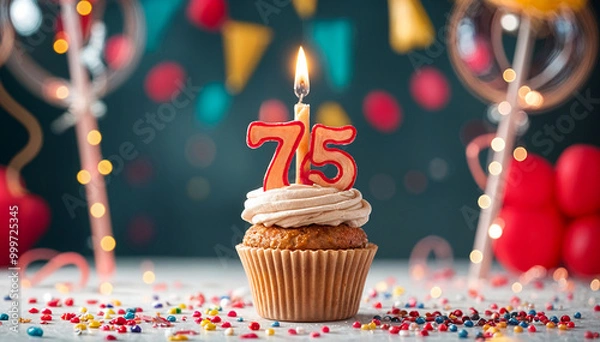 Obraz Birthday cupcake with burning lit candle with number 75. Number seventy-five for seventy-five years or seventy-fifth anniversary.