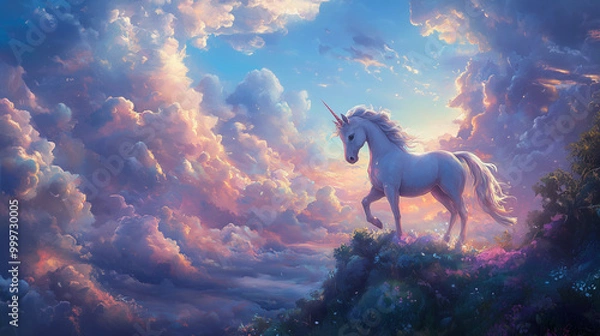 Obraz Magiczny jednorożec w fantastycznym świecie pełnym puszystych chmur i bajkowych łąk, otoczony kolorowymi kwiatami i magiczną aurą.