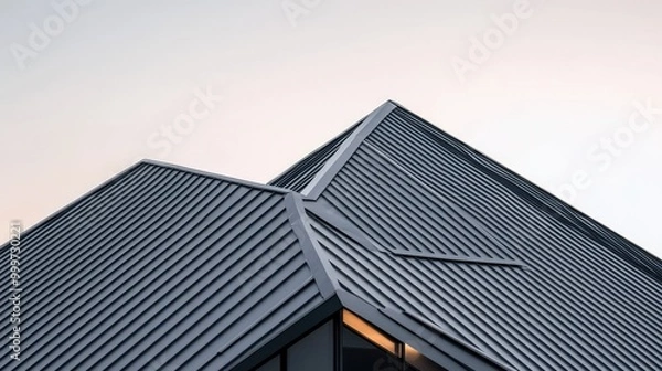 Fototapeta This striking modern building features a flat gray roof and sleek black windows. The white-walled structure stands out in the urban landscape, showcasing contemporary architecture