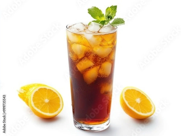 Fototapeta Long Island ice tea cocktail with vodka, rum, tequila, gin, liquor, lemon juice, cola and ice, garnished with lemon slice and mint in highball glass, isolated on white