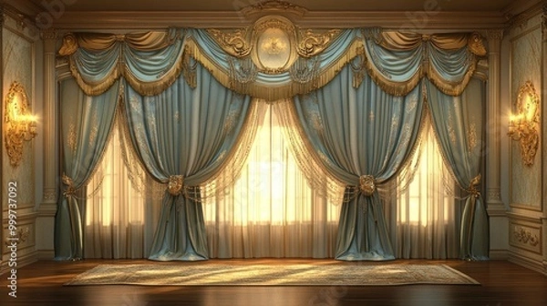 Obraz Luxurious, richly colored curtains hang gracefully in a beautifully decorated room, adding warmth and elegance to the space with a realistic background