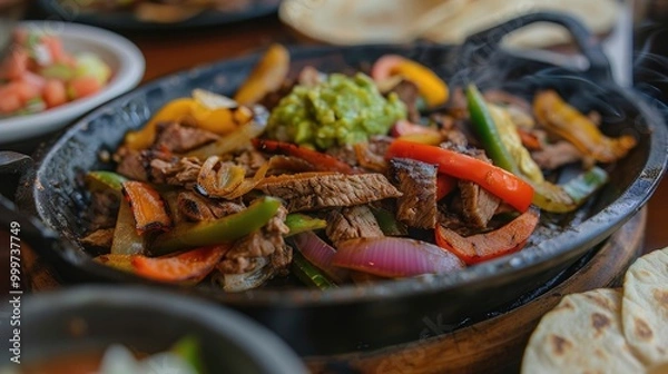 Fototapeta Sizzling steak fajitas with grilled bell peppers and onions, served with warm tortillas, guacamole, and pico de gallo