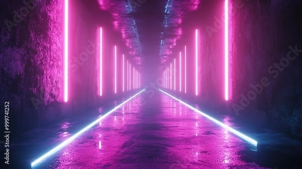 Fototapeta Futuristic Neon Corridor with Reflective Floor