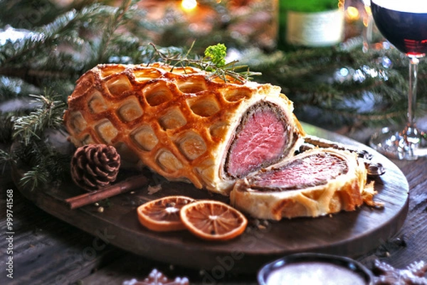 Obraz Beef Wellington - a fillet of beef tenderloin steak wrapped in puff pastry. Selective focus