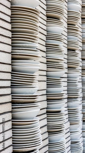 Fototapeta This setting features a visually appealing arrangement of clean plates and bowls stacked on each other against a white brick background, showcasing a modern kitchen aesthetic