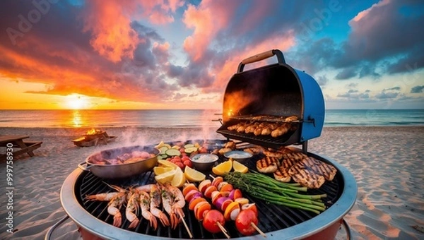 Obraz Colorful barbecue scene on beach at sunset featuring grill, shrimp, vegetables, and peaceful ocean backdrop  Perfect for leisure and outdoor gatherings