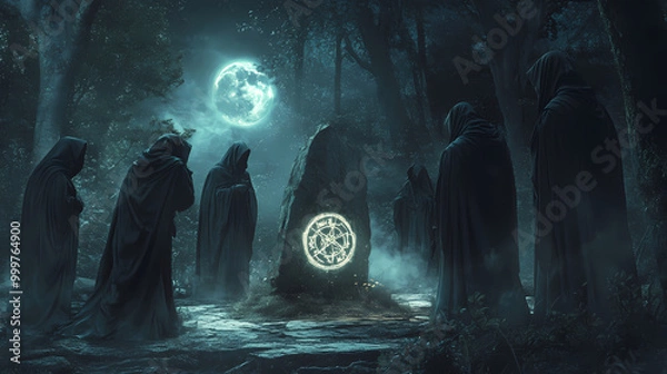 Obraz Generative AI, Dark Fantasy Ritual: Hooded Figures in Shadows Around a Stone Altar