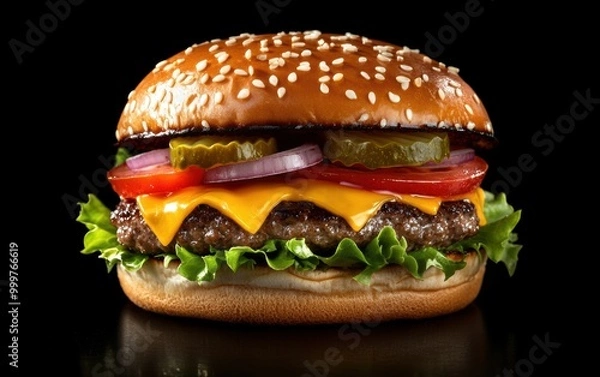 Fototapeta A delicious cheeseburger with sesame seed bun, lettuce, tomatoes, onions, pickles, and melted cheese on a black background