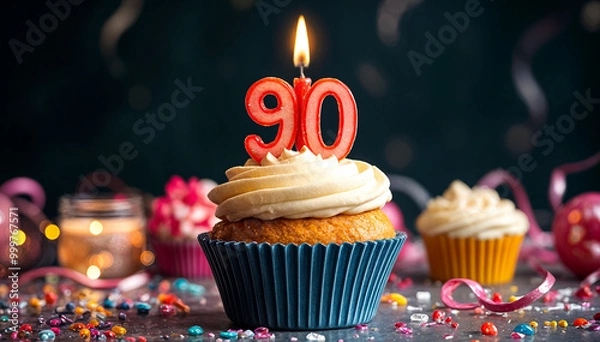Obraz Birthday cupcake with burning lit candle with number 90. Number ninety for ninety years or ninetieth anniversary.