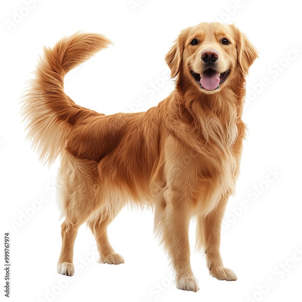 Obraz Golden retriever dog standing, smiling, white isolated background