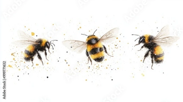 Obraz Hand Painted Watercolor Bumblebee Set, depicting vibrant bumblebees in dynamic flight, showcasing intricate details and soft colors against a clean white backdrop.
