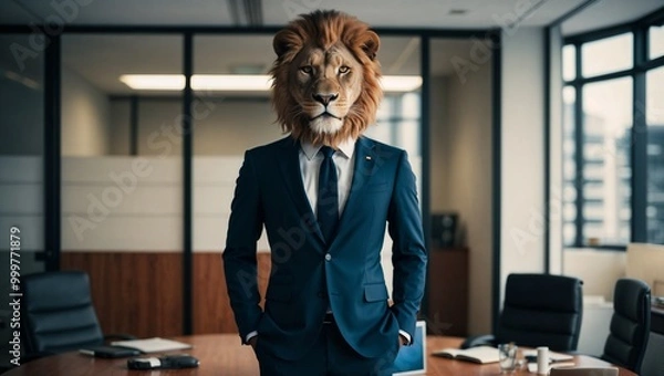 Obraz Businessman with lion head on his back standing in the office.