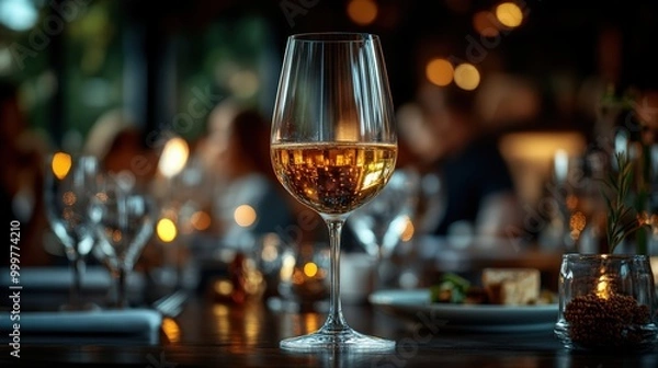 Fototapeta A glass of white wine on the table in an empty modern restaurant 