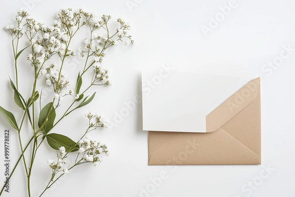 Obraz A5 white card mockup with an envelope next to it, on a tabletop view, in a minimalistic style, with some green leaves and baby's breath flowers on the side. Created with Ai