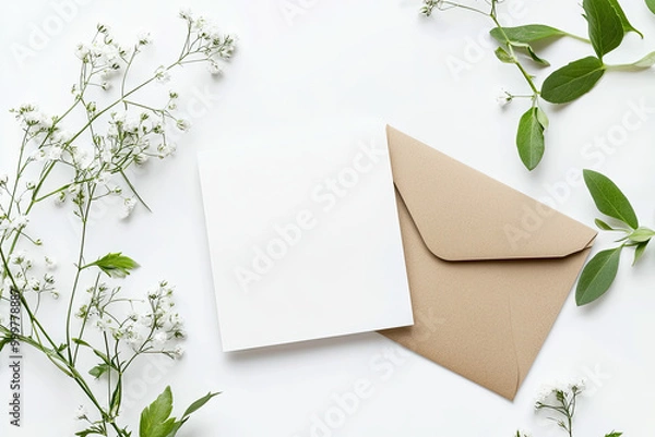 Obraz Flat lay mock-up of two blank white and beige cards with envelopes on a table, top view. Created with Ai