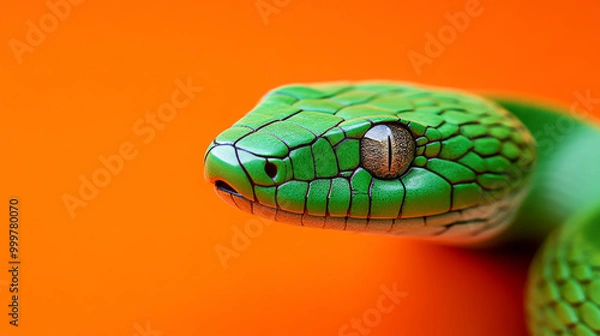 Fototapeta Detailed close-up of a green snake with textured scales and an intense eye, set against a vibrant orange background, creating bold contrast.
