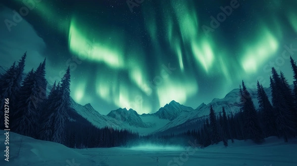 Obraz Aurora borealis over the frosty forest. Green northern lights above mountains.