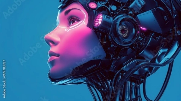 Obraz Asset Cybernetic head of robot woman close-up with artificial intelligence connected from cable. Face profile of female cyborg looks at up. sci-fi futuristic vector illustration concept.