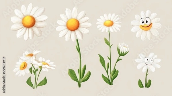 Obraz Asset Daisy flowers with cartoon funny smiling faces, chamomile characters. Cute camomile happy emotion. Kids logo design with daisies vector set. Illustration of smile floral flower, bloom camomile