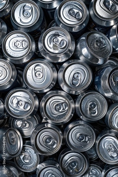 Fototapeta A stack of aluminum cans with the number six on them