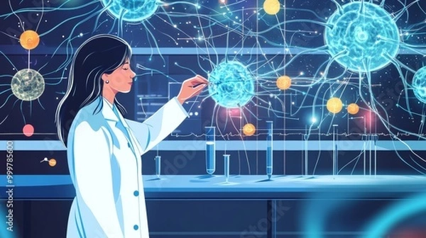Obraz Asset Female scientist in lab coat checking artificial neurons connected into neural network. Computational neuroscience, machine learning, scientific research. 