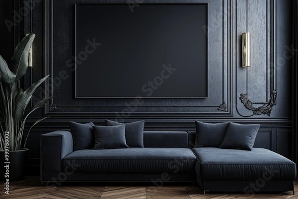 Fototapeta Mock-up poster frame in dark classic interior background, modern style,3d render