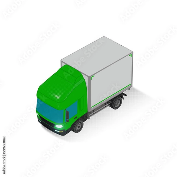 Fototapeta 3D Isometric Cargo Truck Half Tone Vector Illustration Modern Green Cabine and White Van City Delivery Vehicle 4x2 Design for Logistics and Transport Presentation Social Media Video Promo Front Left