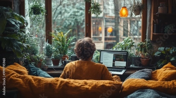 Fototapeta A Man Working on a Laptop in a Room Full of Plants