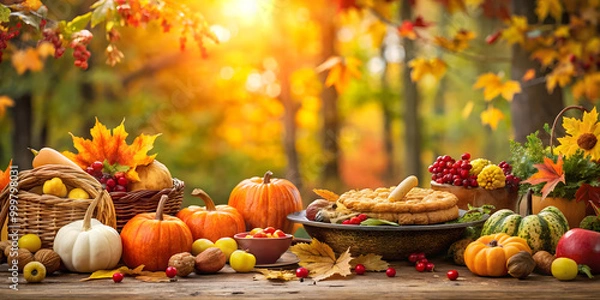 Fototapeta Autumn still life with pumpkins, apples, berries, nuts and cookies. Thanksgiving background.