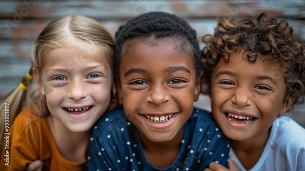 Obraz Three happy, diverse children in a close-up photo