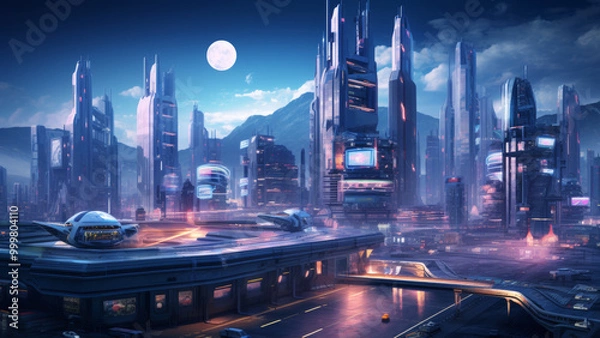 Fototapeta Futuristic cyberpunk city with blue and pink light trail. Concept sci fi downtown at night with skyscraper, highway and billboards. 