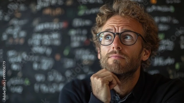 Fototapeta Contemplative Man with Beard and Glasses Thinking