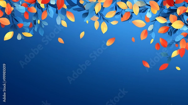 Fototapeta Colorful autumn leaves gently falling against a vibrant blue background in a serene nature setting
