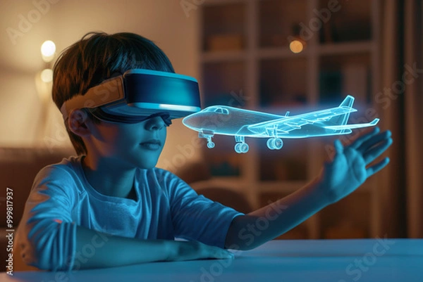 Fototapeta Immersed in a virtual learning experience at home, a child explores the science of flight through a VR headset, visualizing an airplane with augmented reality technology.