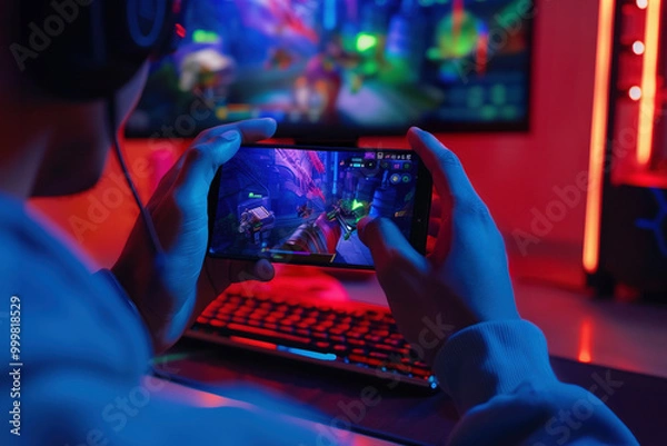 Fototapeta Close-up of a gamer playing an intense mobile game in a neon-lit room, with a desktop gaming setup in the background. Smartphone gaming