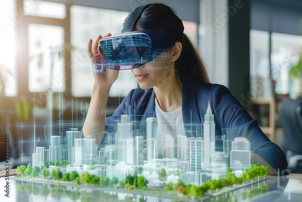 Fototapeta A female architect uses a VR headset to design an urban landscape model, demonstrating advanced technology in modern city planning.