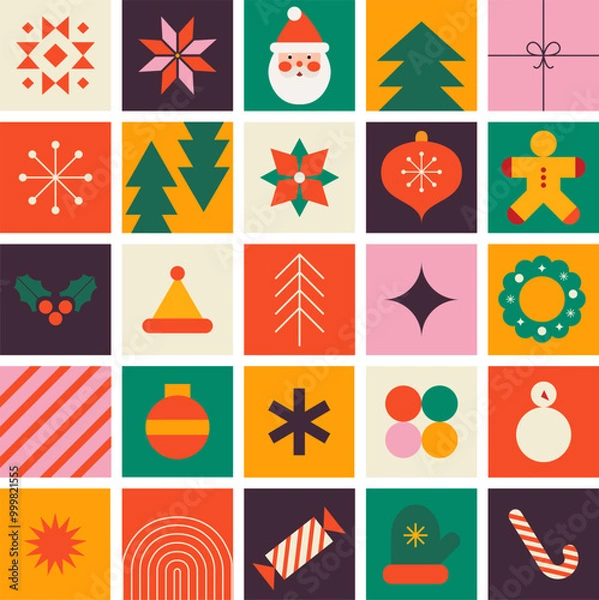 Fototapeta Advent Calendar, Merry Christmas poster, printable template with Xmas elements in modern minimalist style. Vector illustration and concept design.Holiday season, Trendy, contemporary abstract design. 