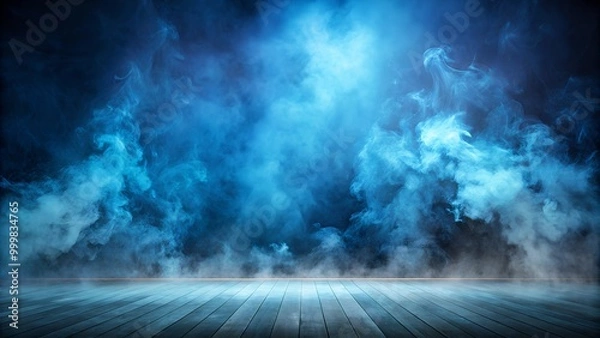 Fototapeta Mystical blue fog on a wooden floor creates an enchanting atmosphere for creative projects.