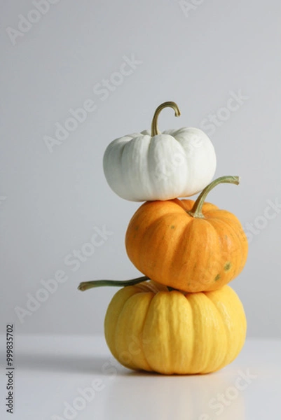 Fototapeta Three stacked pumpkins in white, orange, and yellow on a simple background during autumn season
