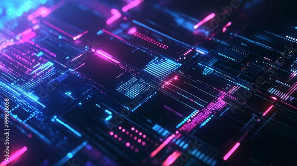 Fototapeta An abstract digital network background with glowing data streams and geometric shape