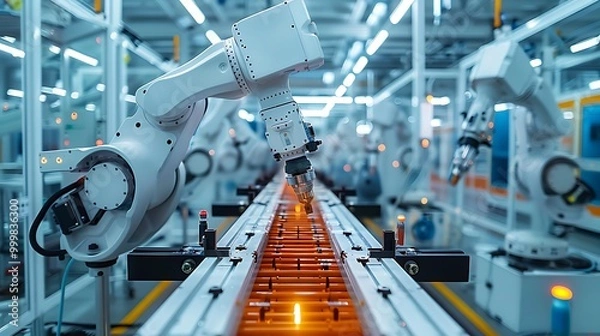 Fototapeta Robotic assembly line in high-tech factory, industry 4.0: A state-of-the-art robotic assembly line operates in a high-tech factory, showcasing the efficiency and precision of Industry 4.0 technology. 